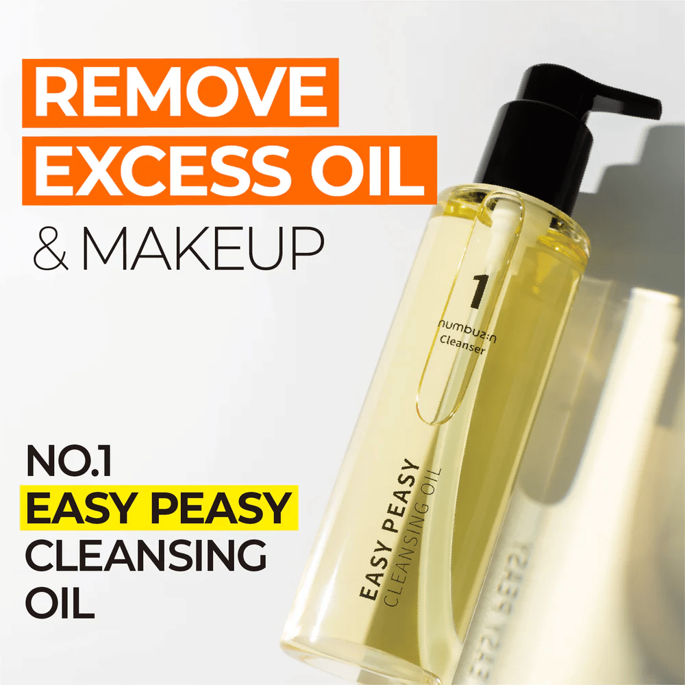Frasco com Numbuzin No.1 Easy Peasy Cleansing Oil sobre fundo branco, o texto "Remove excess oil & makeup" é visível ao lado.