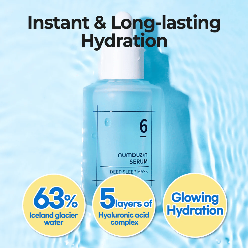 numbuzin No. 6 Deep Sleep Mask Serum com 63% de água glaciar e 5 camadas de ácido hialurônico, para hidratação intensa e duradoura.