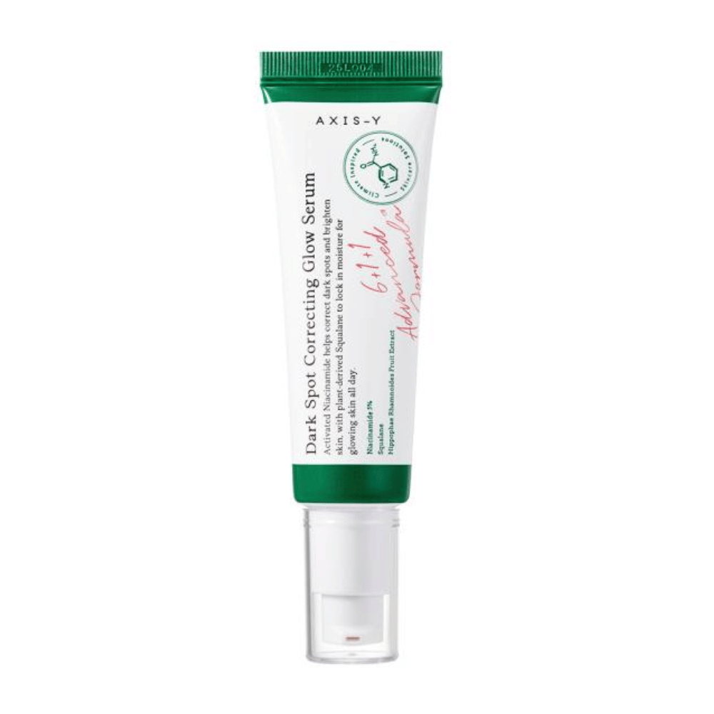Um tubo Dark Spot Correcting Glow Serum 50ml de AXIS - Y em fundo branco.