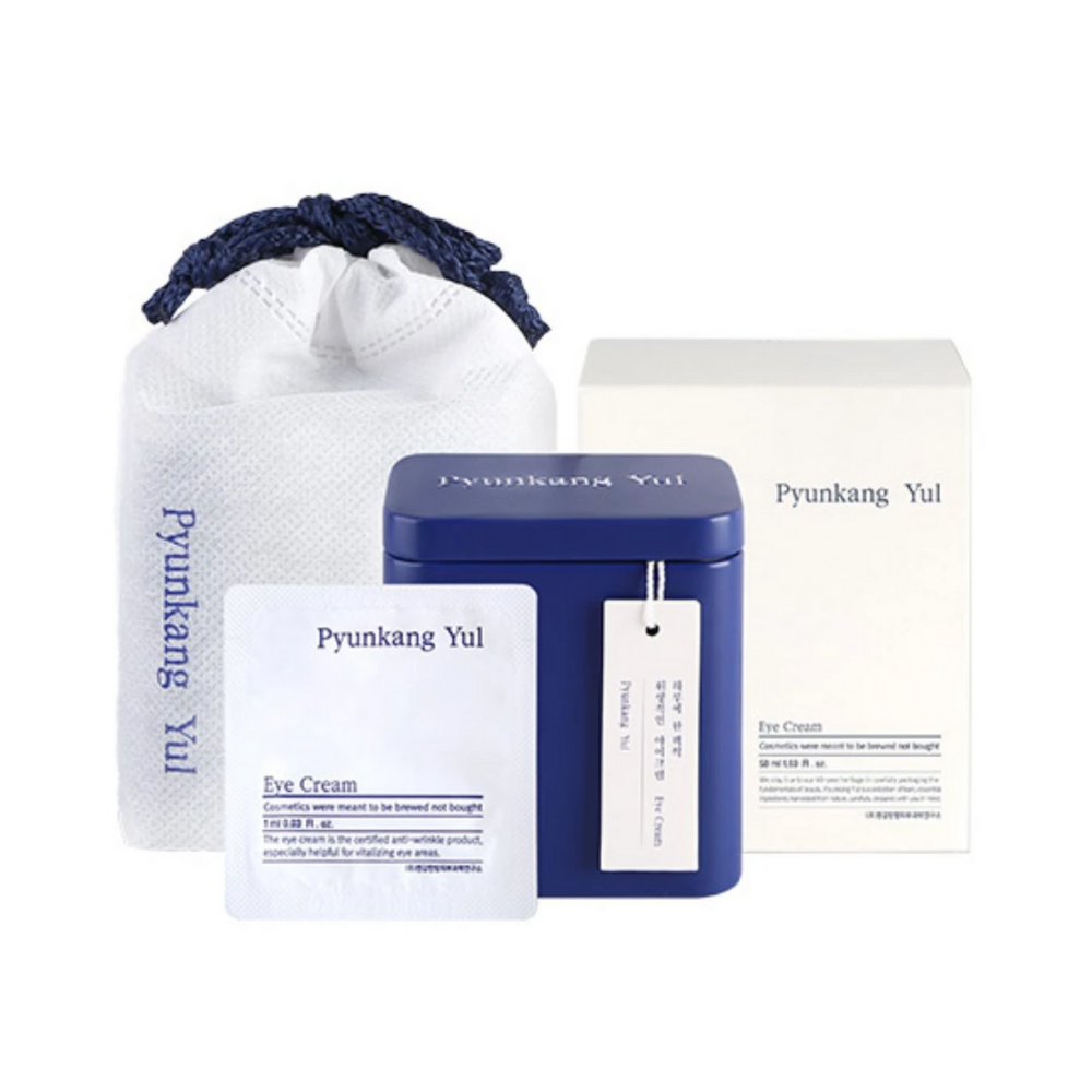 Um pacote com um saco azul e uma caixa branca para Pyunkang Yul Creme para os Olhos 1ml x 50 unidades.