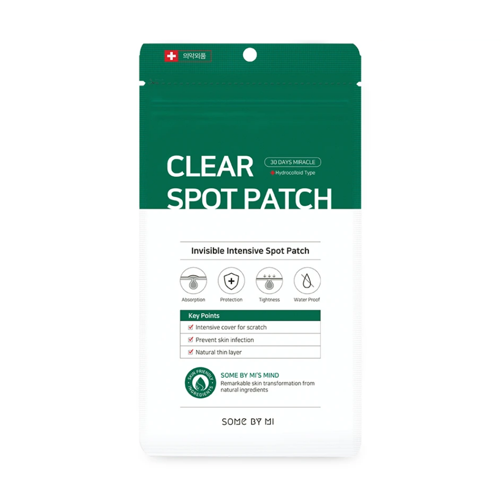 Um Some By Mi 30 Days Miracle Clear Spot Patch (18 unid) em fundo branco para acne com capacidade de absorver fluido de ferida.