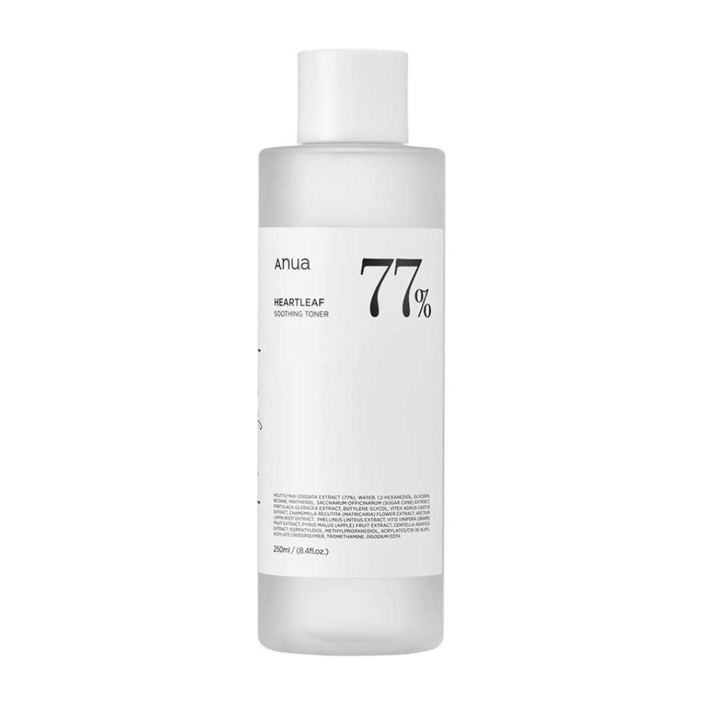 Uma garrafa Heartleaf 77% Soothing Toner com uma etiqueta de Anua, formulada com loção calmante para pele sensível.