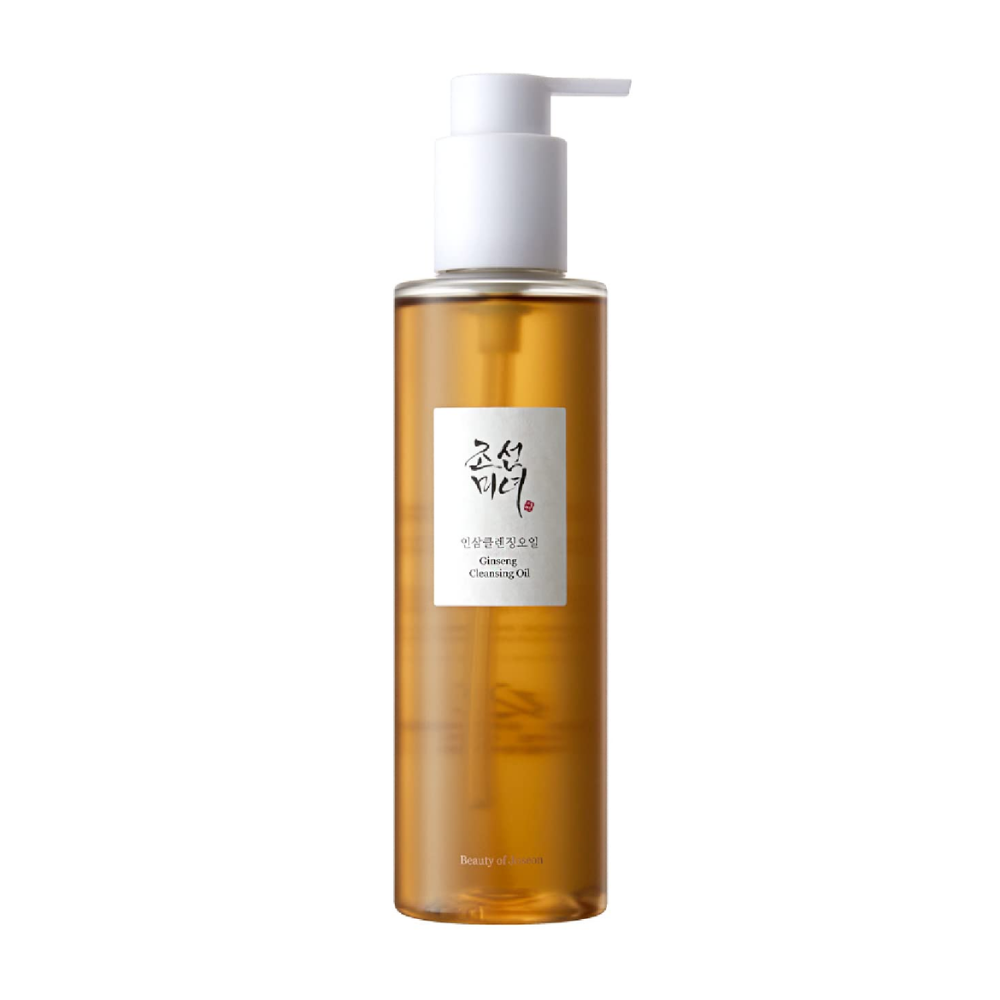 Uma garrafa Beauty of Joseon Ginseng Cleansing Oil 210ml em fundo branco, com óleo de semente de ginseng.