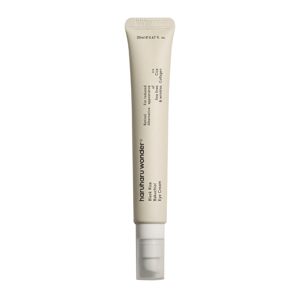 Um tubo Haruharu Wonder Black Rice Bakuchiol Eye Cream 20ml sobre fundo branco para reduzir a visibilidade de linhas finas e rugas.