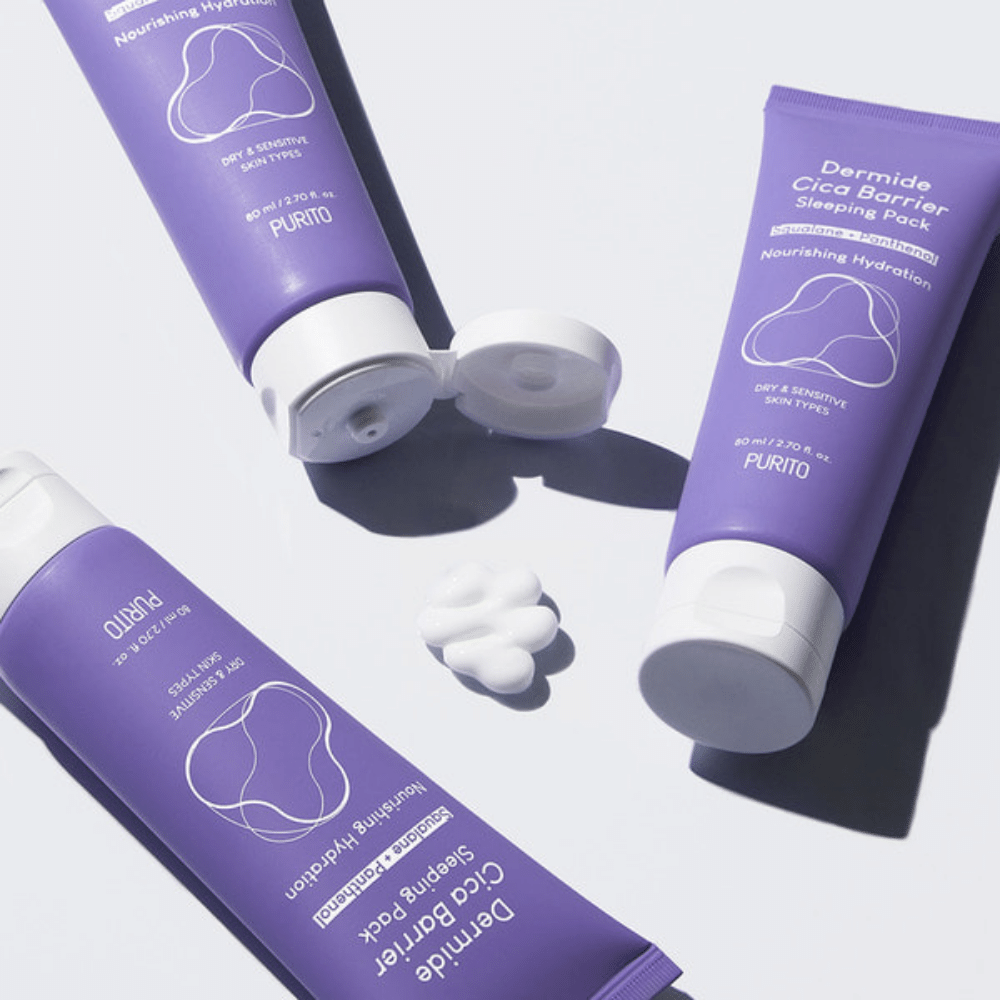Dois tubos PURITO Dermide Cica Barrier Sleeping Pack 80ml sobre uma superfície branca.