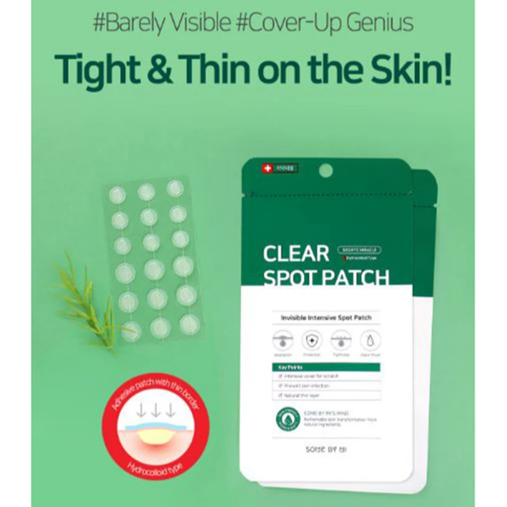 Um 30 Days Miracle Clear Spot Patch branco (18 unid) em um fundo claro, adequado para o tratamento de acne e exsudato de feridas. Marca: SOME BY MI