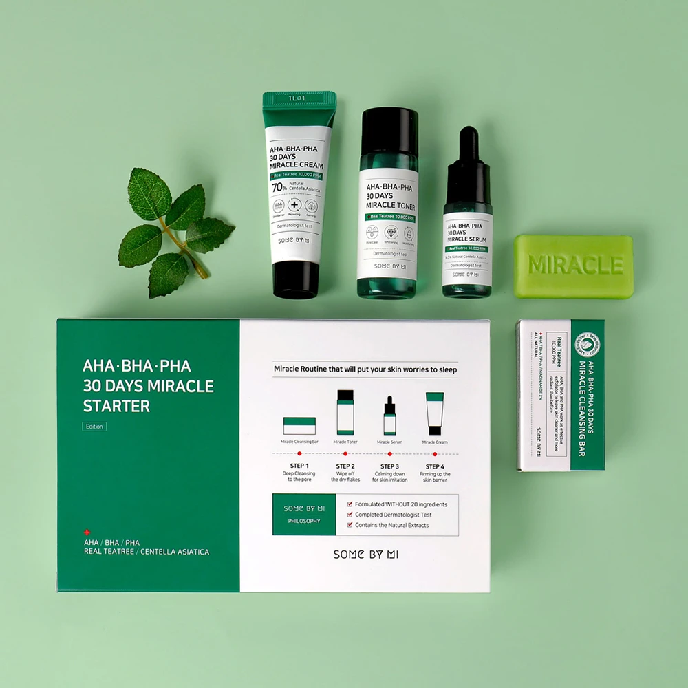SOME BY MI:s AHA, BHA, PHA 30 Days Miracle Starter Limited Set é um K-beauty cuidado de pele coreano com Tea Tree e AHA BHA PHA.