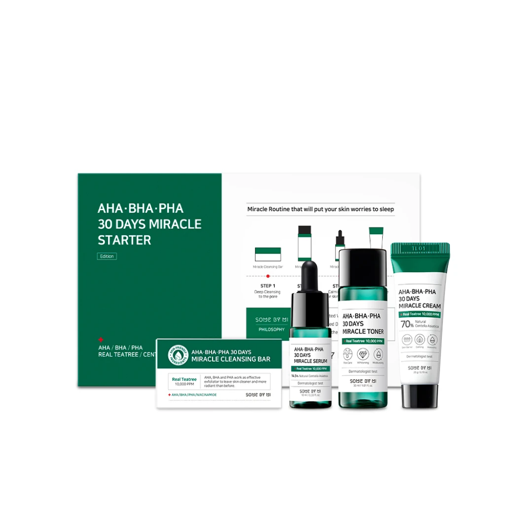 Um conjunto de SOME BY MI AHA, BHA, PHA 30 Days Miracle Starter Limited Set com uma caixa verde.