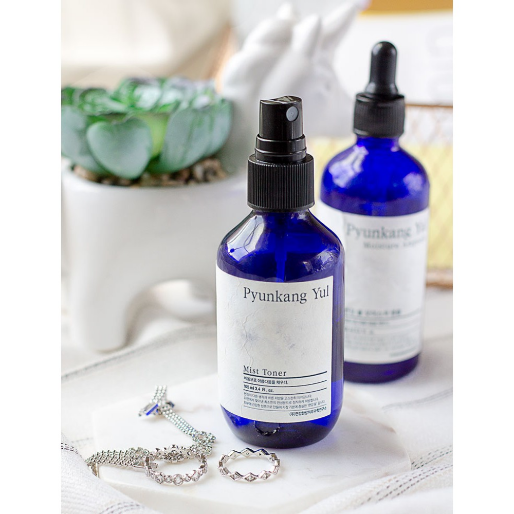 Uma garrafa Pyunkang Yul Mist Toner, um toner hipoalergênico, sobre uma mesa ao lado de um cacto.
