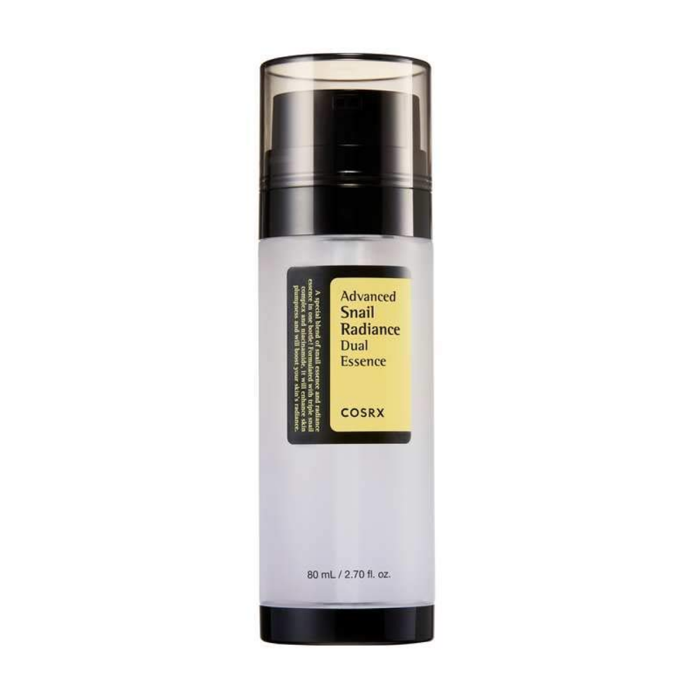 COSRX Advanced Snail Radiance Dual Essence 80ml ajuda a reduzir a acne e promove uma pele clara com seu complexo triplo de caracol e niacinamida.