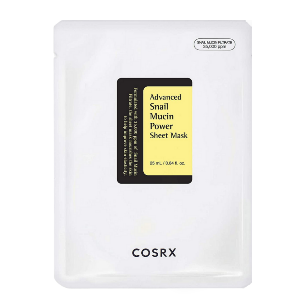 COSRX Advanced Snail Mucin Power Sheet Mask em embalagem branca com rótulo preto e amarelo, enriquecido com 35 000 ppm de muco de caracol para hidratação, reparação e elasticidade melhorada da pele.