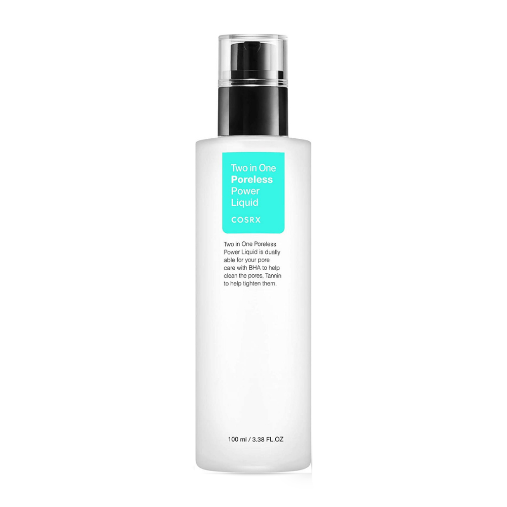 Uma garrafa COSRX Two In One Poreless Power Liquid 100ml, projetada para pele oleosa, é exibida em um fundo branco.
