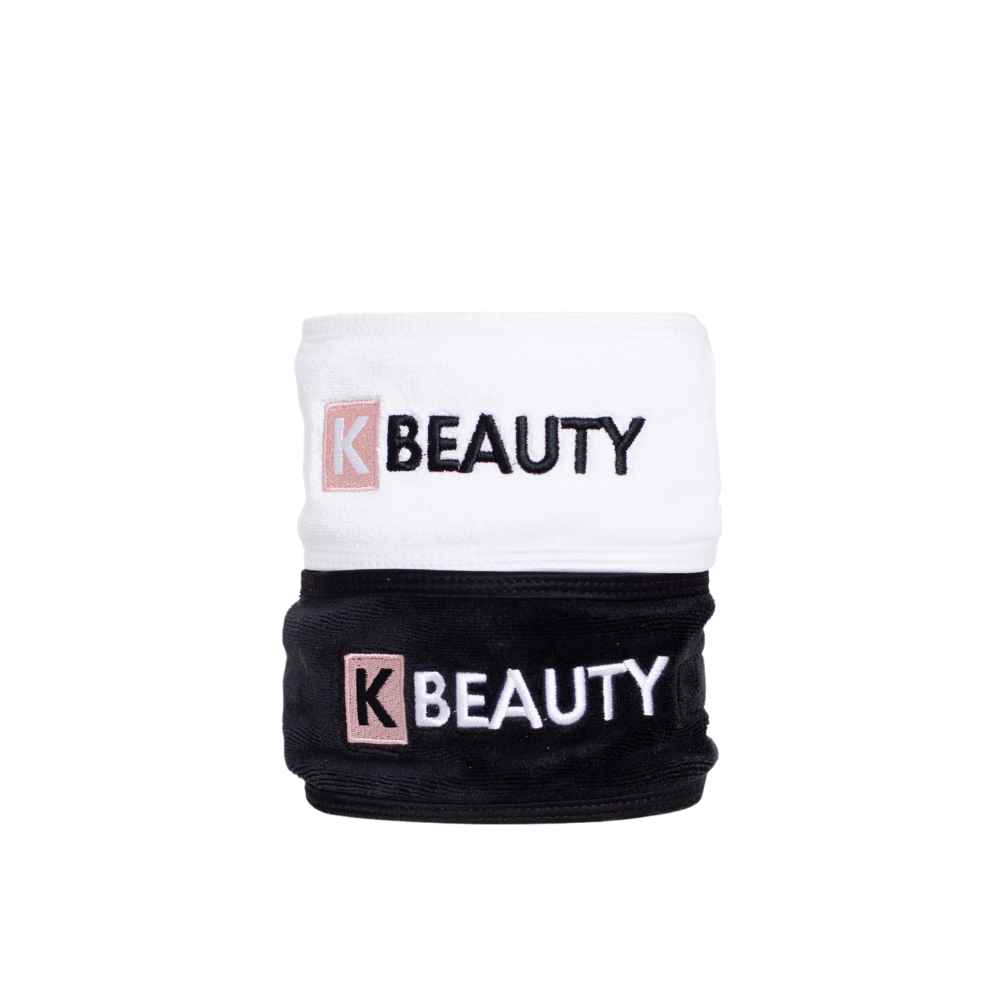 Dois K-Beauty Makeup Pannband preto e branco com a palavra beleza.